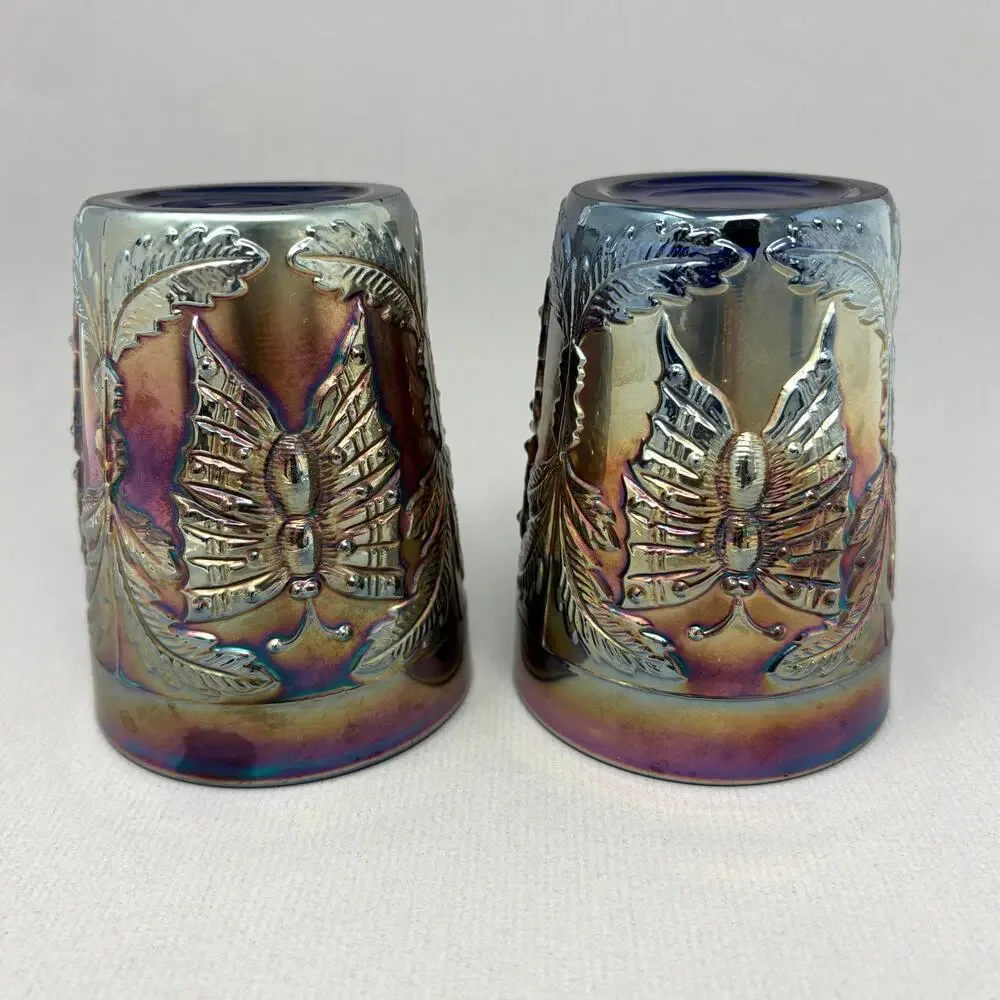 Pair of Antique Fenton Blue Carnival Glass Butterfly & Fern Tumblers Ground Base
